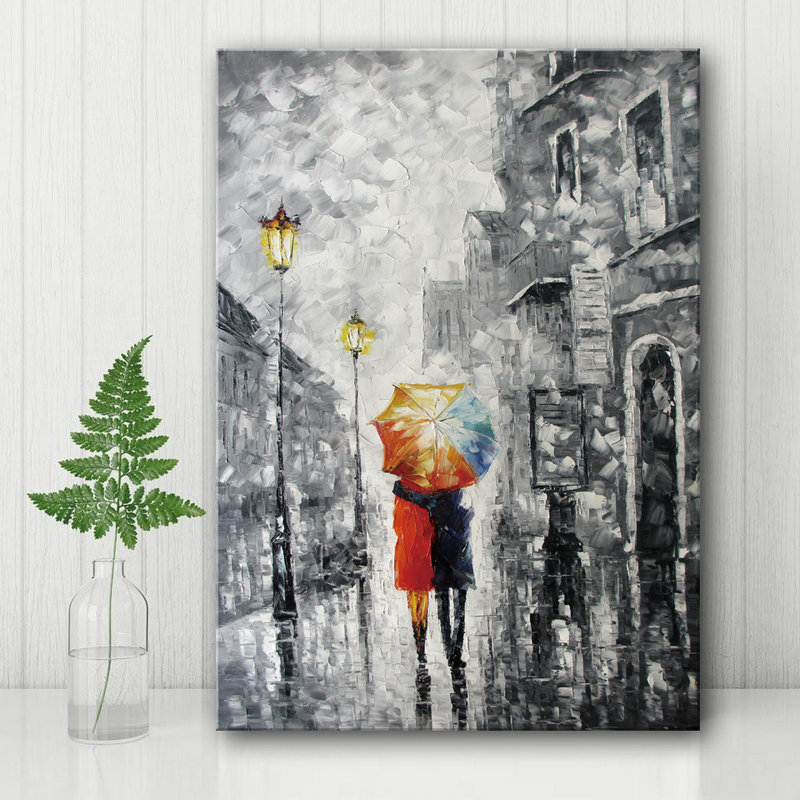 Canvas Art "Lovers under the one umbrella" Palette Knife Painting Black White Red Blue